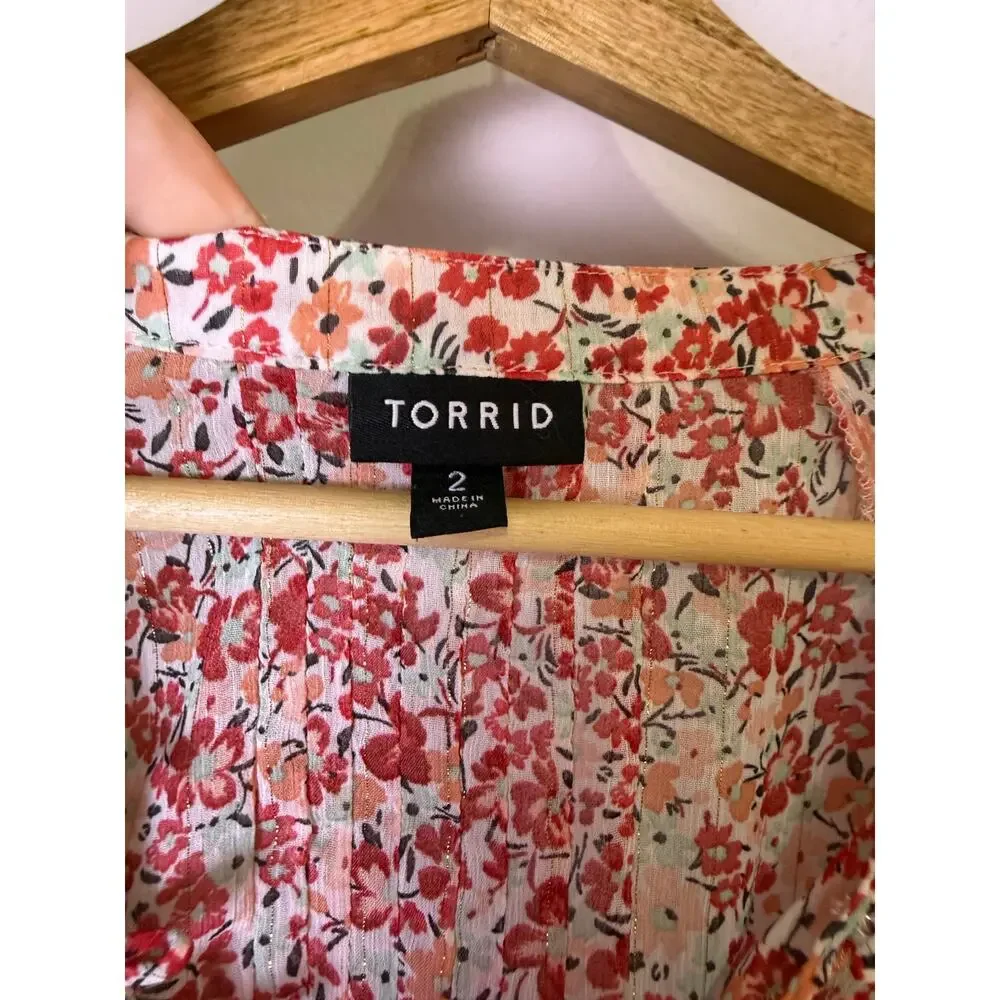 Torrid Floral Button Front Blouse Pink Red Long Sleeve Peasant Top Size 2XL - Picture 2 of 3